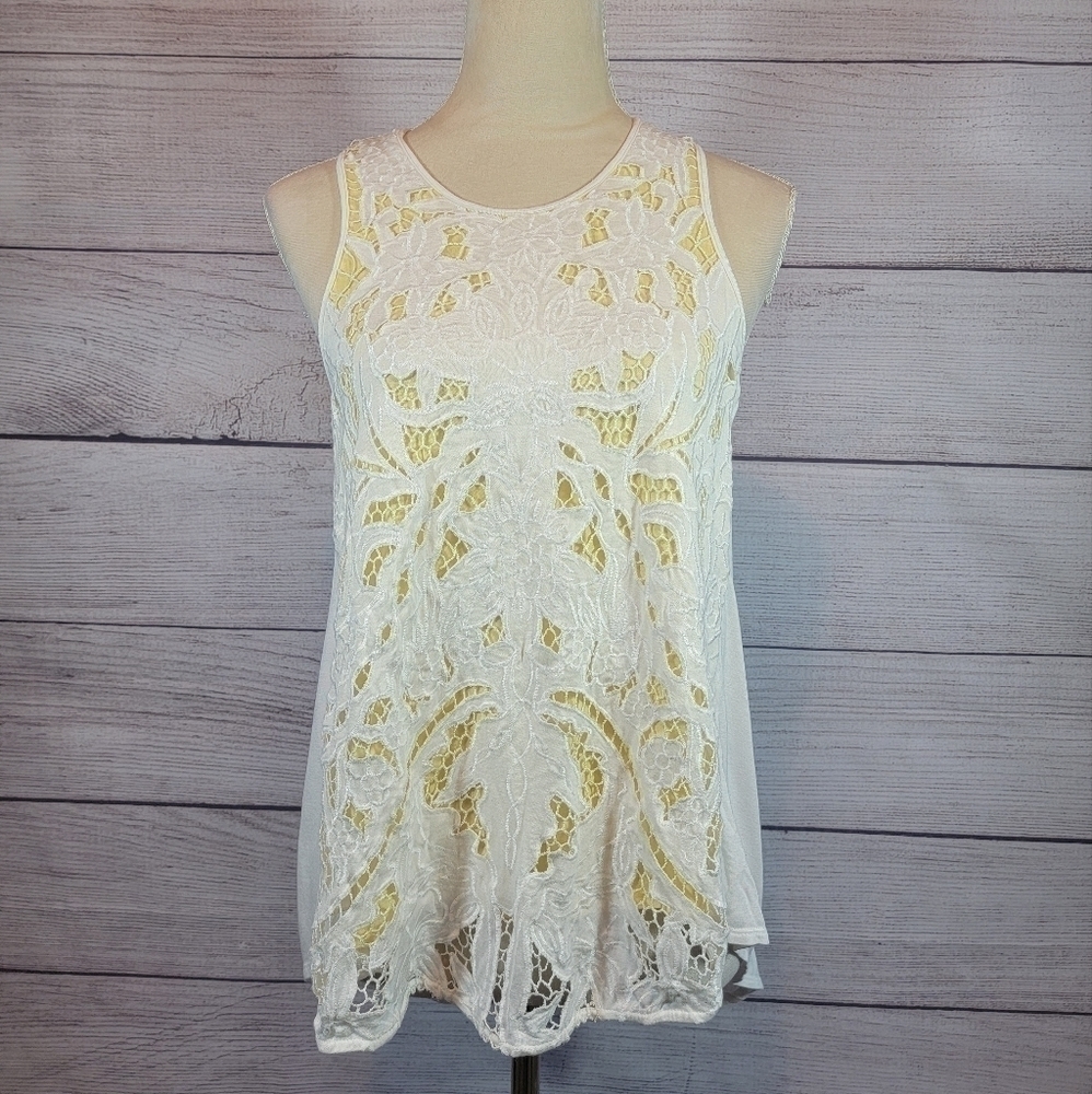 𝅺ANTHROPOLOGIE Akemi + Kin Lace Tank Top Cami Yellow White Size Small - Picture 3 of 8